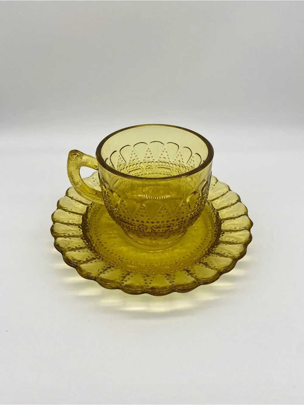 Vintage Amber Pressed Glass Teacup & Saucer Scalloped Hobnail Tea Set
